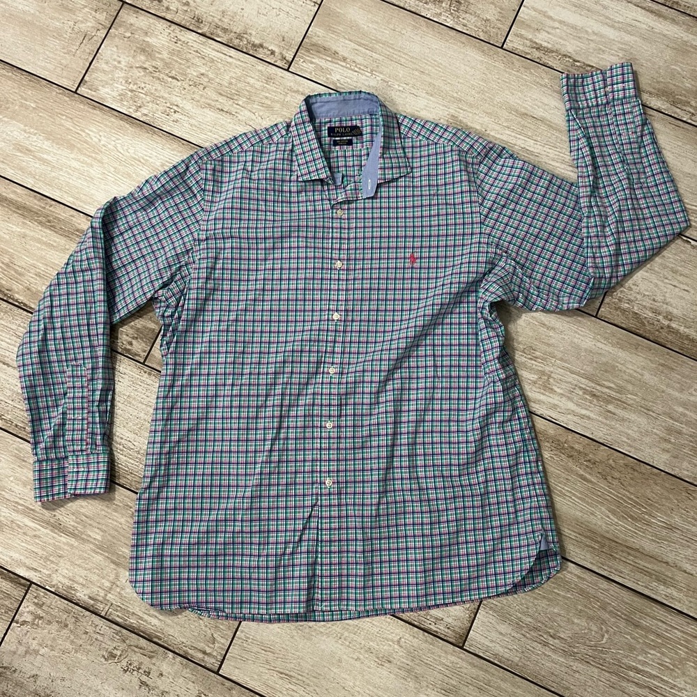 Polo Ralph Lauren Shirt Men XXL Pink Green Blue Plaid 100% Cotton Long Sleeve